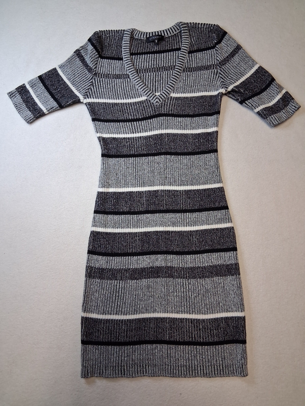 Dynamite Striped V-Neck Midi Dress in Gray, Black, and White